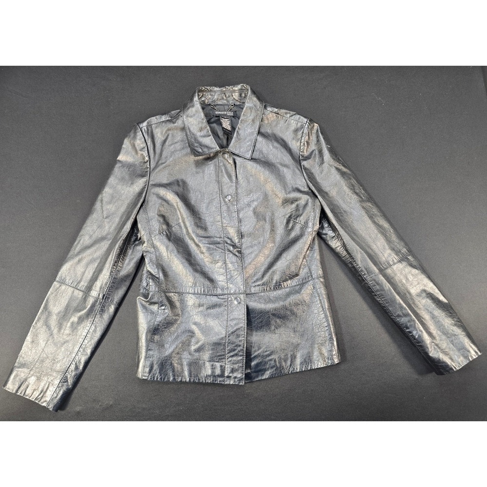 Kenneth Cole New York Women's Medium Genuine Black Leather Jacket Button Front